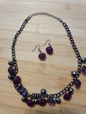 ☠️💜 Runway Rebel Purple & Gunmetal Beaded Cluster Fringe Statement Necklace Set